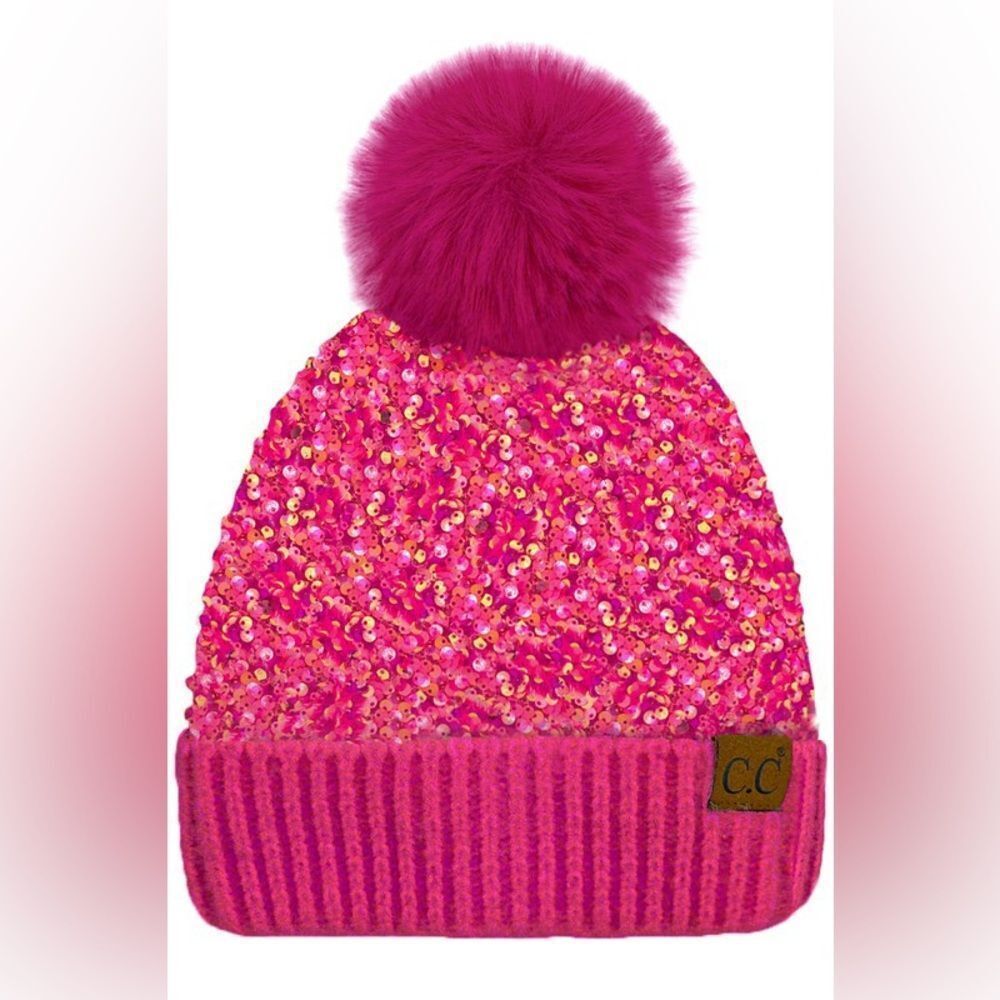 C.C Pink Sequin Pom-Pom Beanie